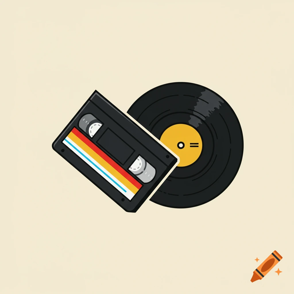 A logo featuring a black VHS tape and a black vinyl record with a yellow label in a flat illustration style.