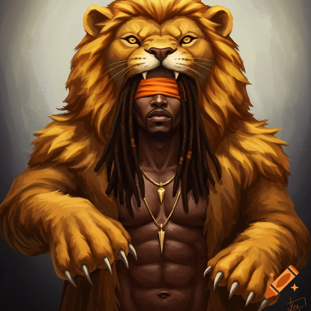 A Black man with dreadlocks and an orange blindfold, wearing a realistic lion costume head and body.