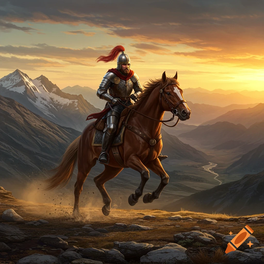 A knight on a horse running through mountains at sunset
