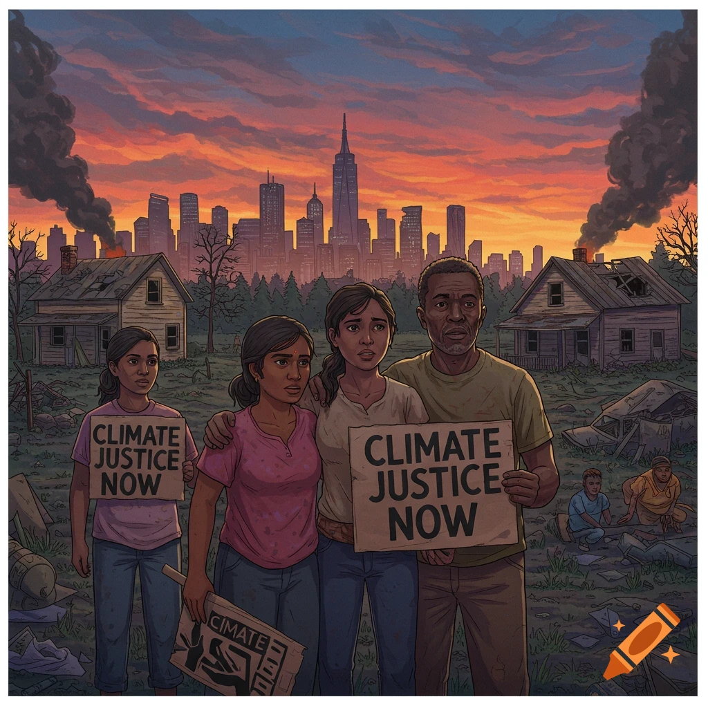 Family holding 'Climate Justice Now' signs in front of burning buildings and city skyline.