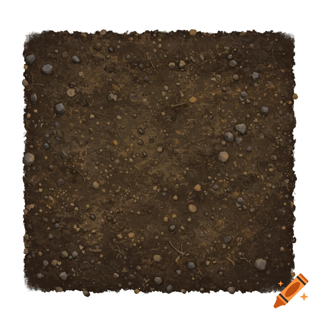 Texture of brown soil with small rocks and twigs in a square shape.