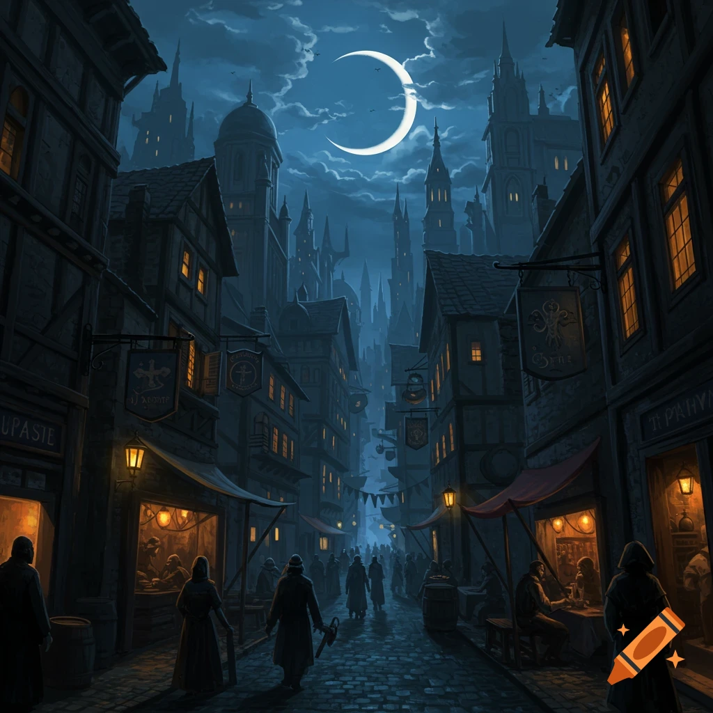 Dark fantasy city street at night with people walking under a crescent moon.