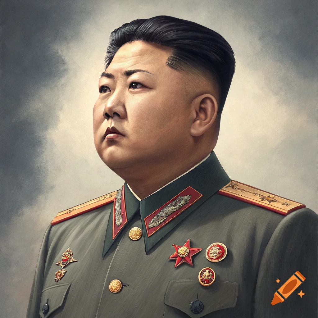Painting of a man resembling Kim Jong Un in military uniform, looking upwards.