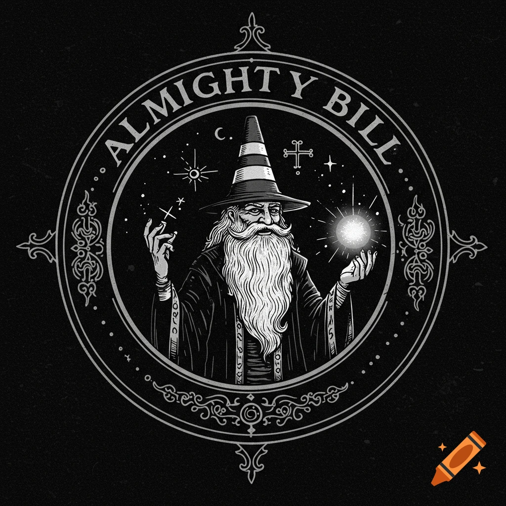 Black and white illustration of a wizard in a circular seal with the text 'Almighty Bill'