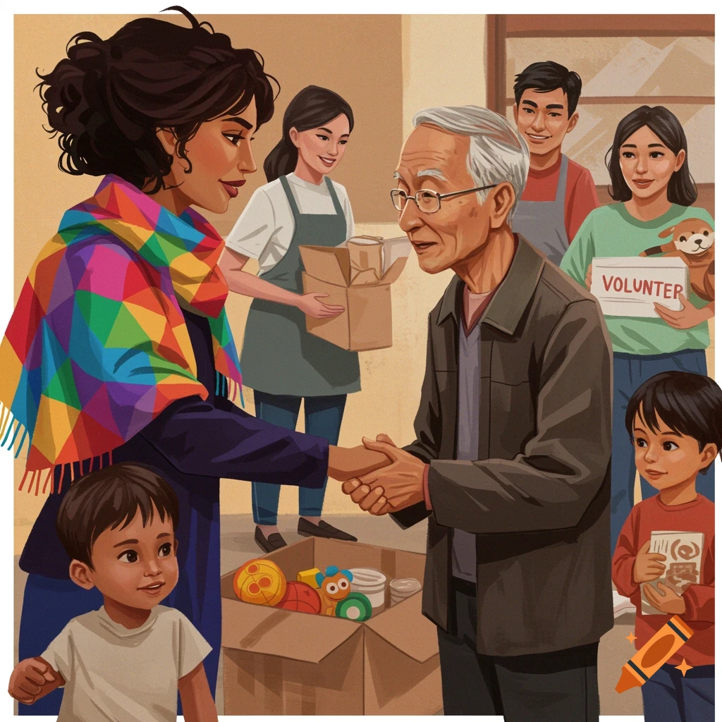 A diverse group of volunteers, including a woman in a colorful scarf, shaking hands with an elderly man while others distribute items and children play.