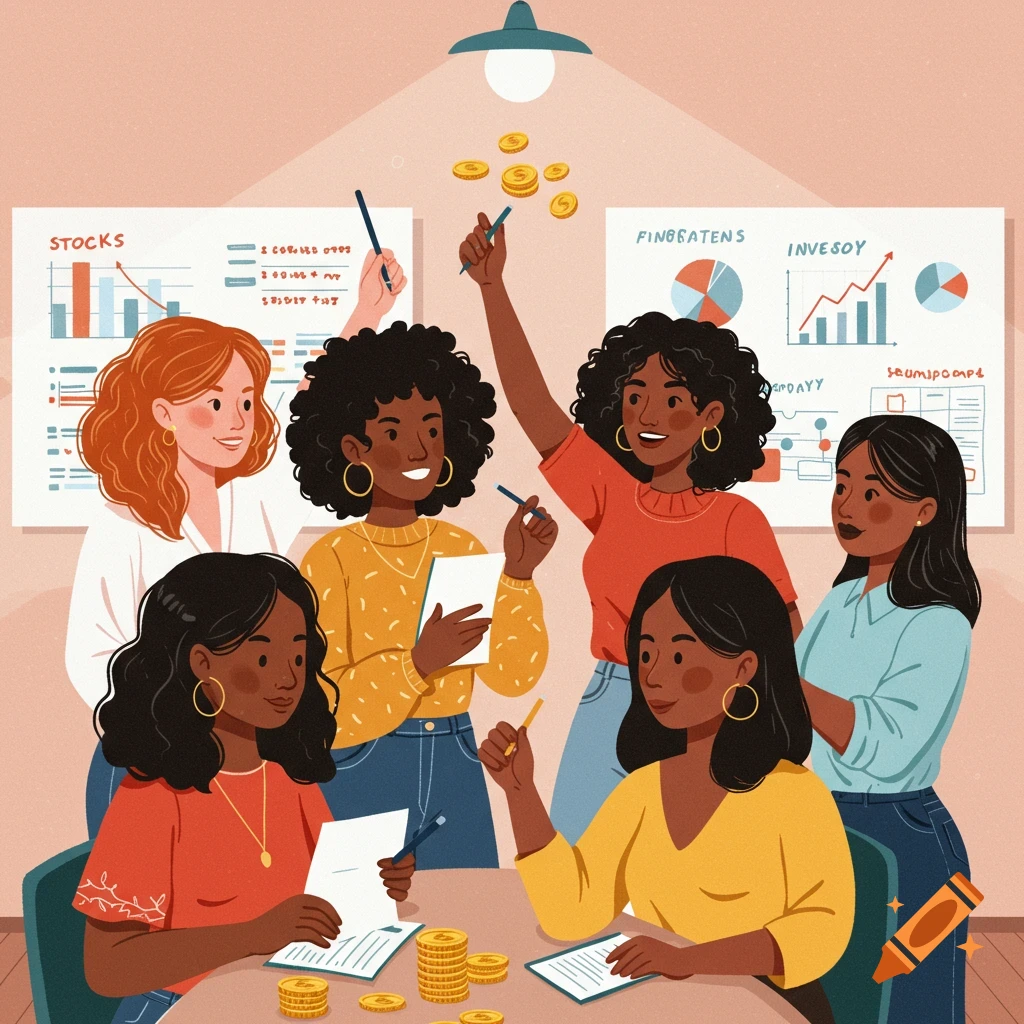 Illustration of women discussing financial charts and stocks with coins.