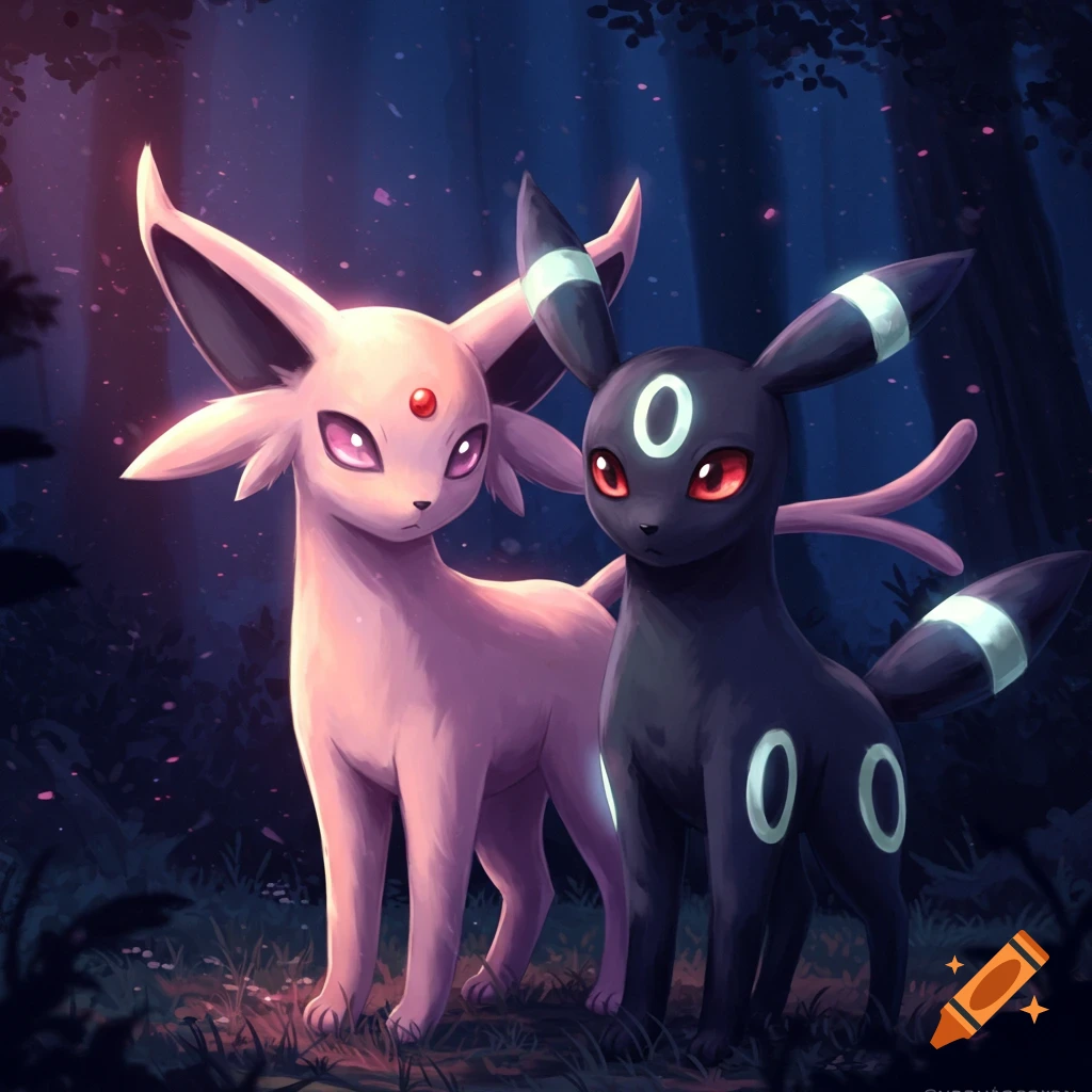Pink Espeon and black Umbreon standing in a dark forest.