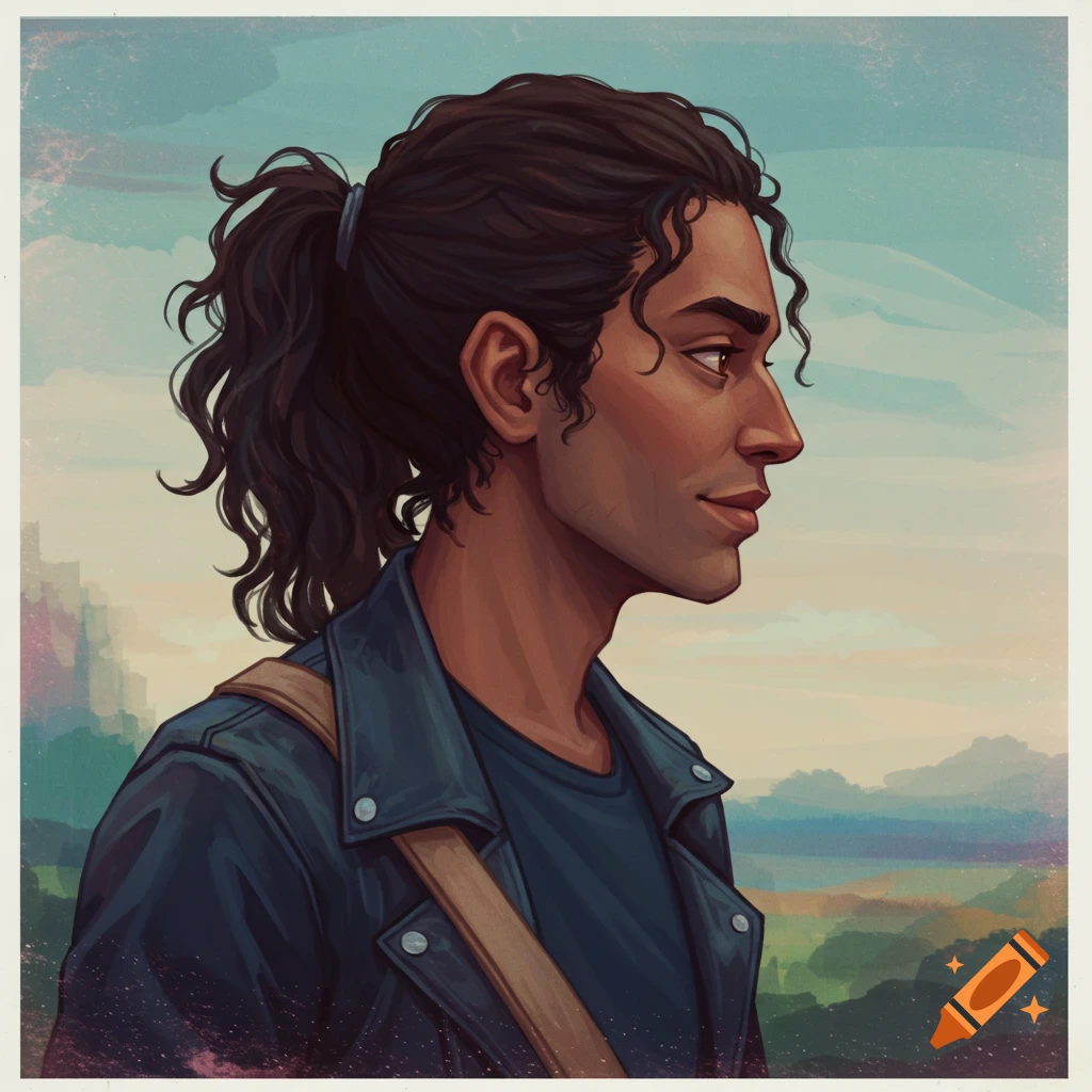 A person in profile looking right, with dark curly hair tied back, wearing a jacket, against a landscape.