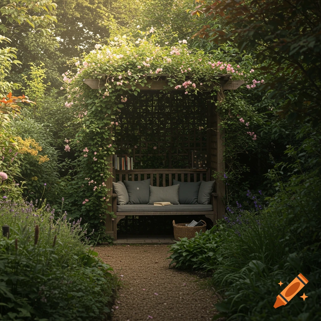 A wooden bench with cushions sits under a vine-covered pergola in a lush garden, with books and a basket beside it.
