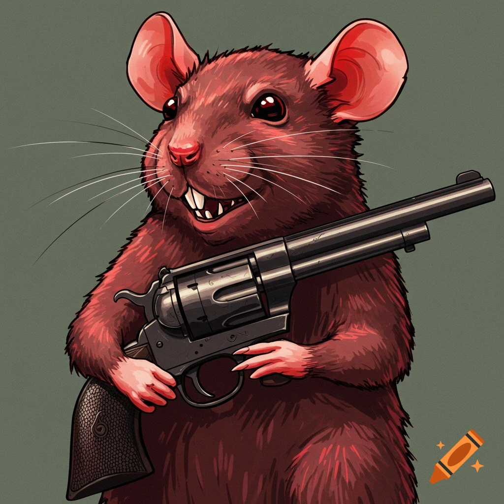A cartoon red-brown rat holding a large revolver.