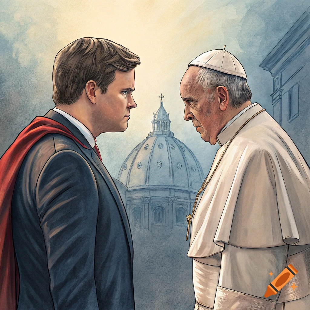 Illustration of a man in a suit and red cape facing the Pope with a large dome in the background.