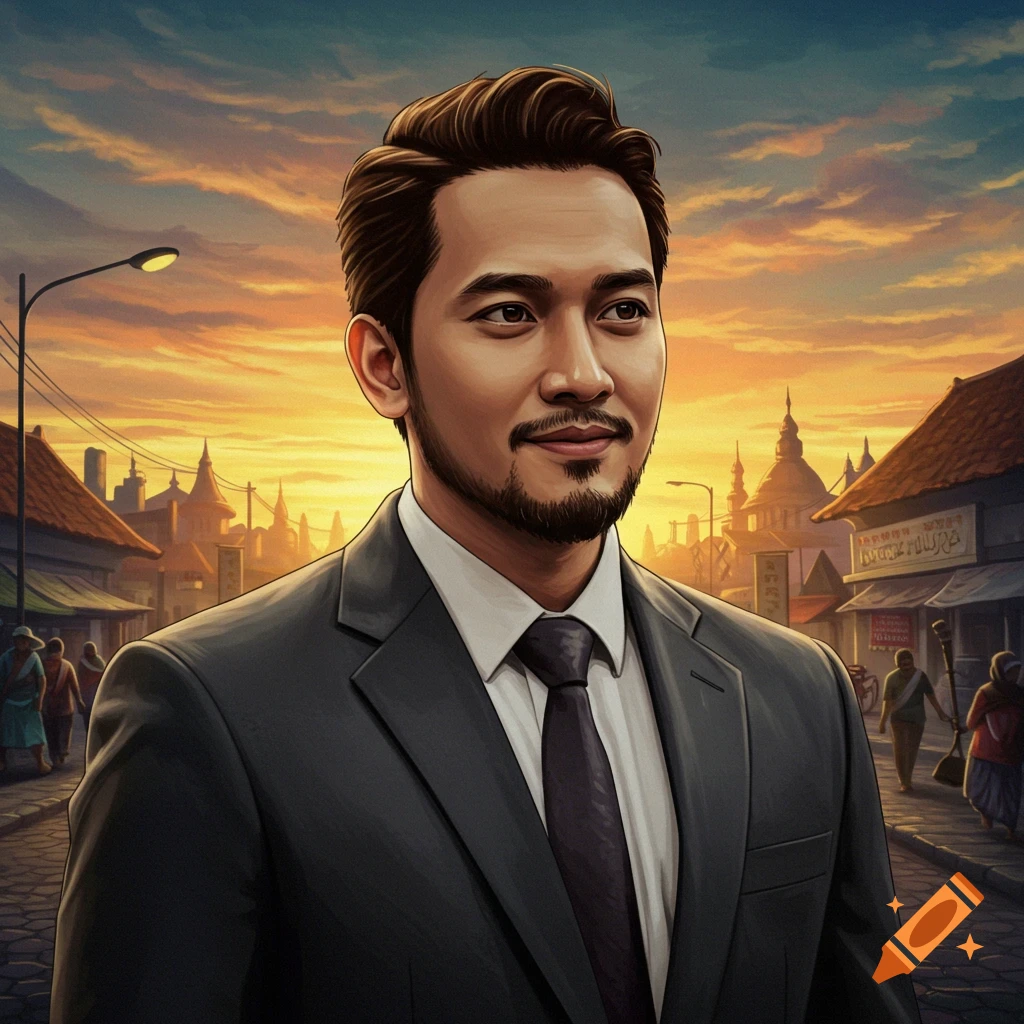 A man in a suit stands in a bustling street scene at sunset.