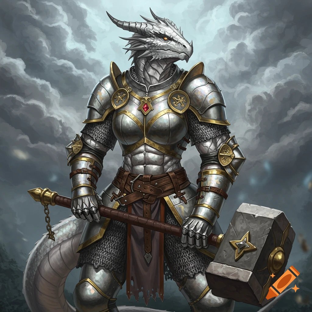 A silver dragonborn paladin in armor holds a large maul.