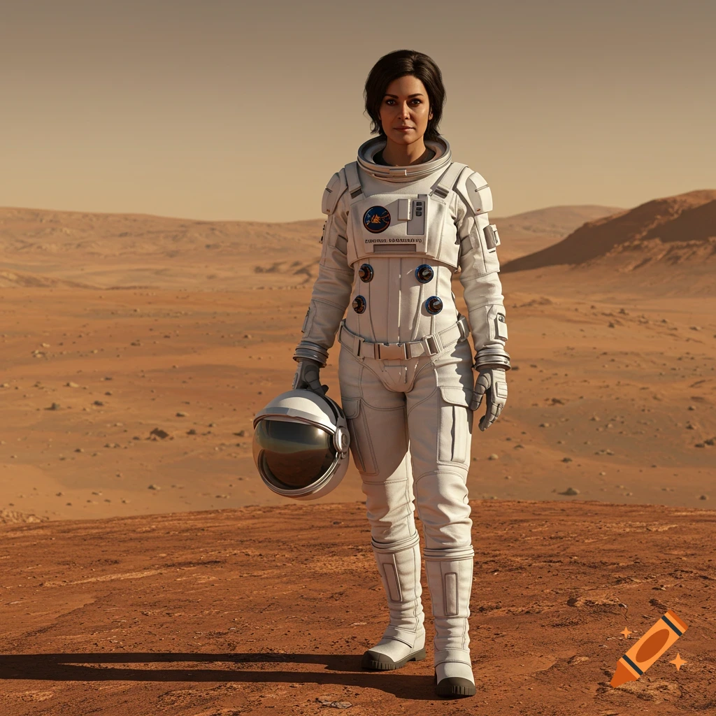 A woman astronaut stands on the surface of Mars, holding her helmet in her hand.