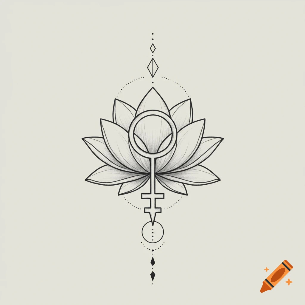Line drawing of lotus flower combined with Venus symbol and geometric elements.