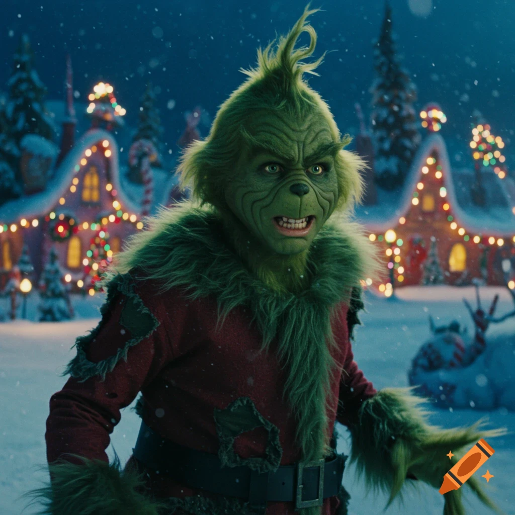 Close-up of the Grinch character looking angry in a snowy village lit by Christmas lights at night.