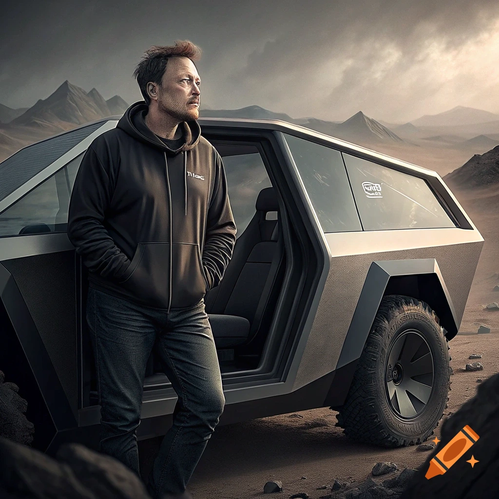 Man in a hoodie standing next to a futuristic vehicle in a desert landscape with mountains.