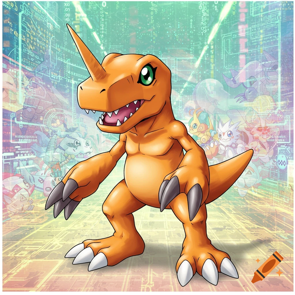 Agumon stands in a digital network background with other Digimon characters.