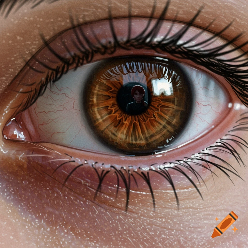 Close-up of a brown eye reflecting a person.