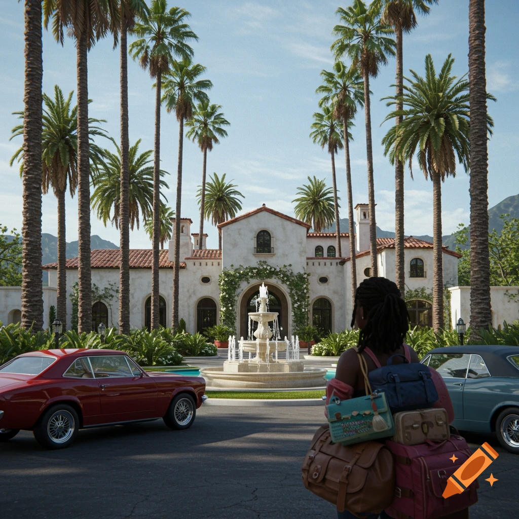 A woman with luggage faces a luxurious Spanish estate with a fountain, palm trees, and classic cars.