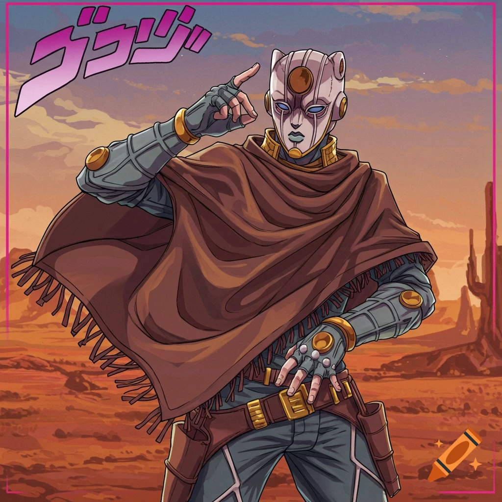 Anime style character in poncho and cowboy gear in desert with Japanese text.