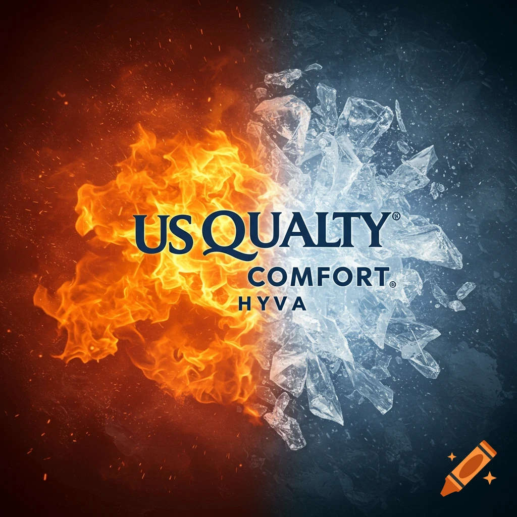 Illustration showing fire and ice, with text US QUALITY COMFORT HYVA.