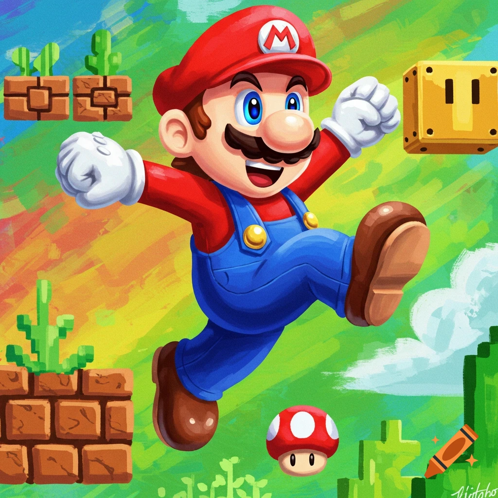 Mario is jumping with a mushroom, blocks, and cacti.