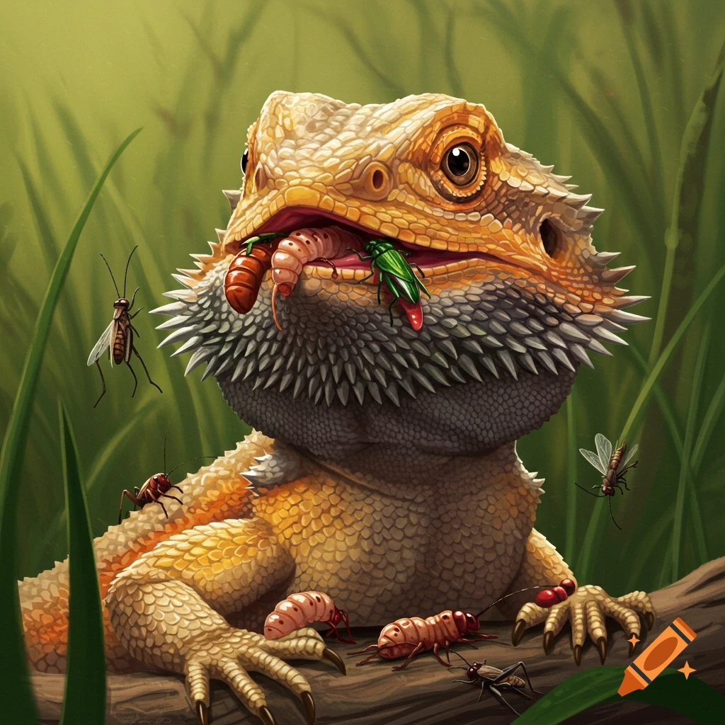 A bearded dragon eats worms and beetles.