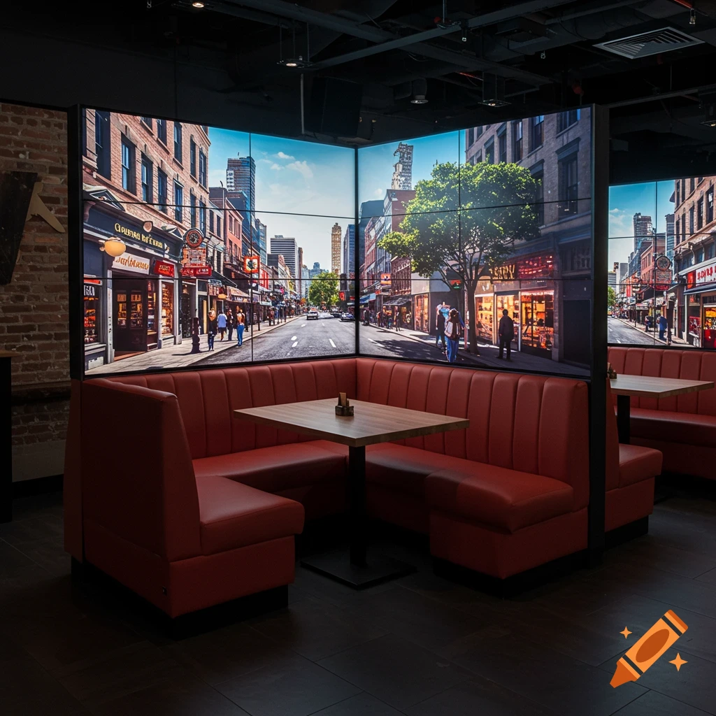 A red leather restaurant booth faces large digital screens displaying a city street scene.