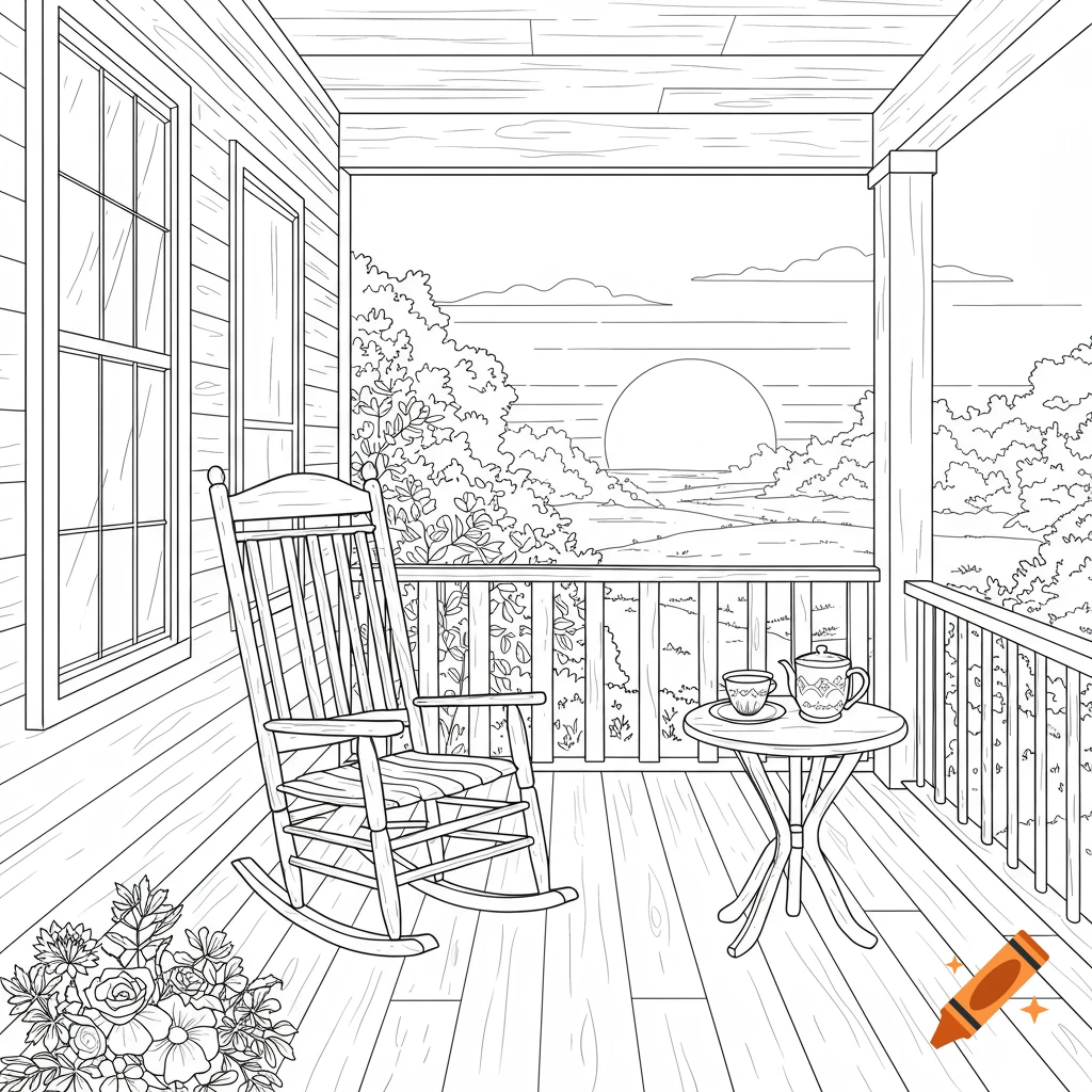 Black-and-white line art of a porch with a rocking chair, table with tea, and sunset view.