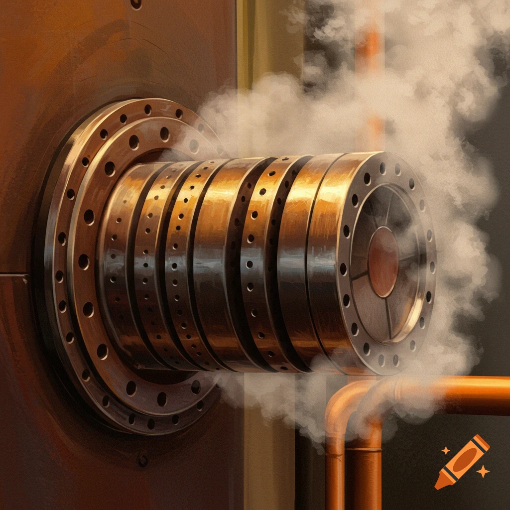 Detailed metallic steampunk boiler tube or pipe emitting steam.