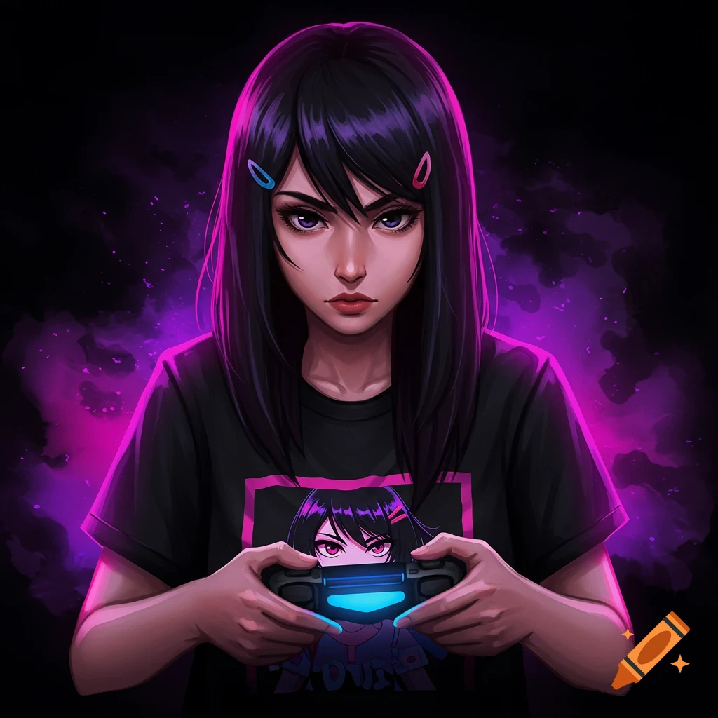 An anime-style image of a gamer girl holding a controller with neon purple lighting.