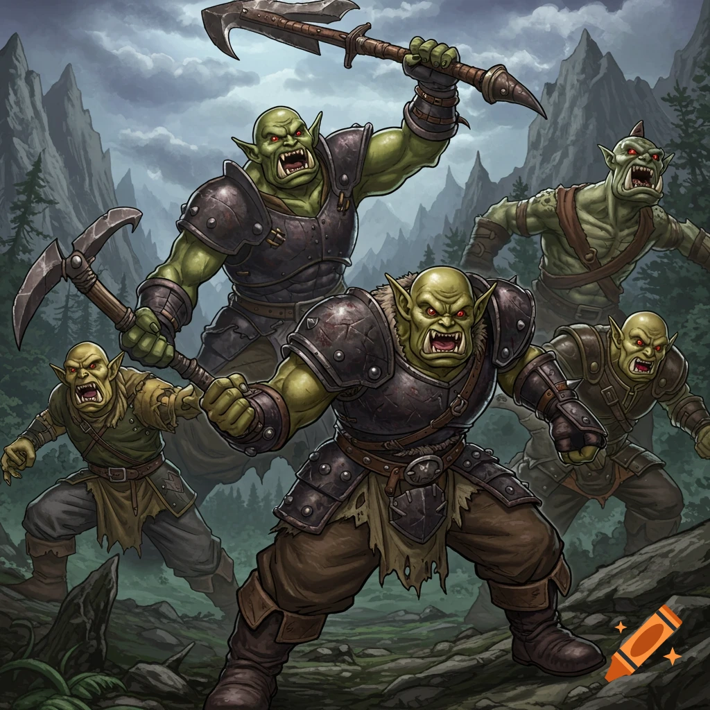 Four stylized orcs in armor charge with weapons through a mountain forest, in a fantasy art style.