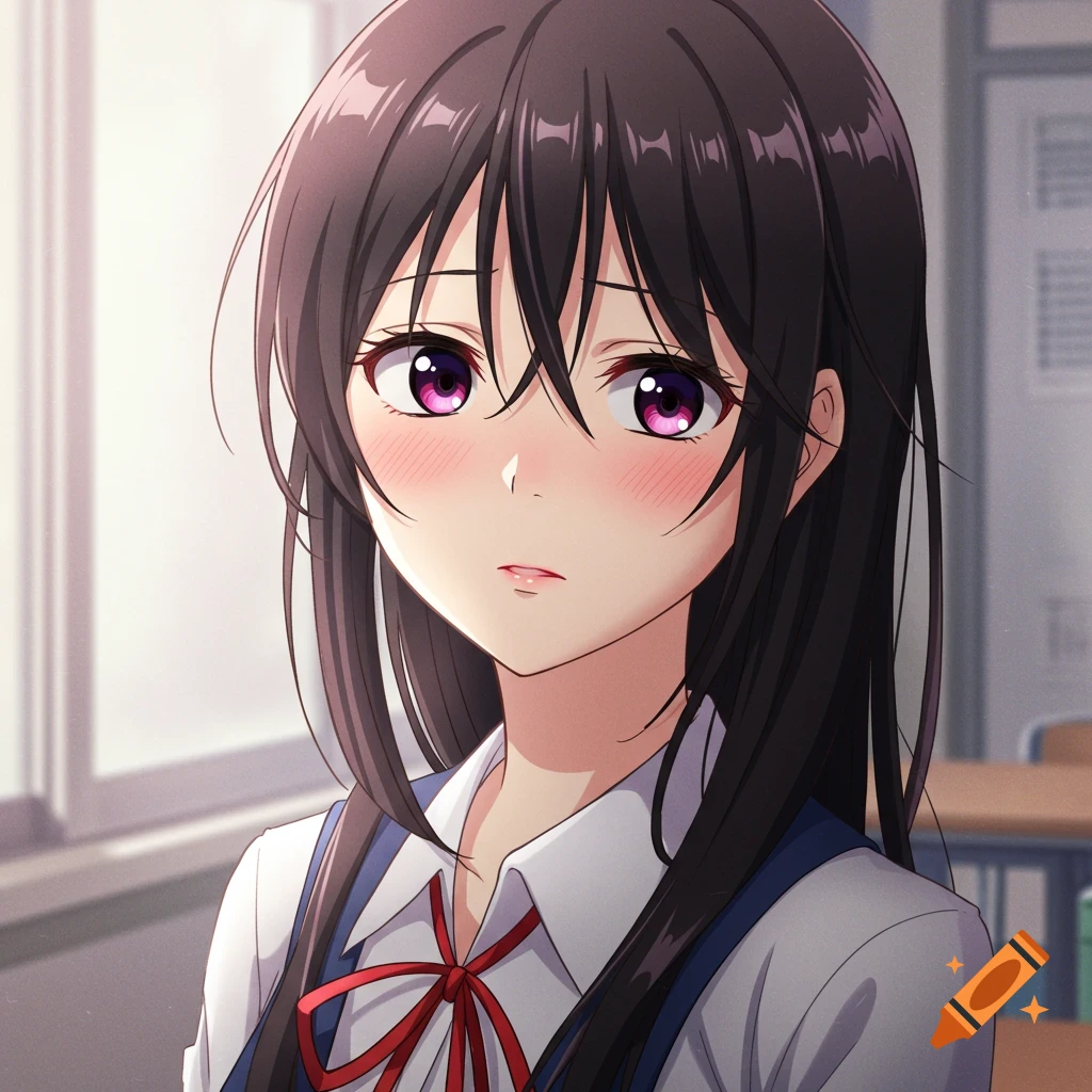 Anime portrait of a girl with dark hair and purple eyes in a school uniform.