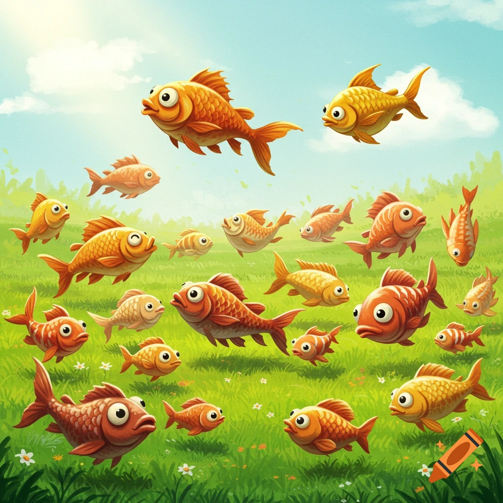 Cartoon goldfish on green grass under a blue sky, appearing to jump or float.