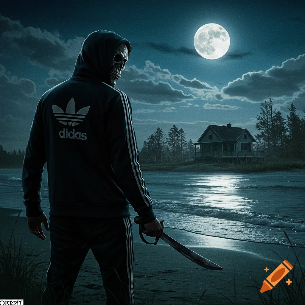 A person in a skull mask and tracksuit holds a sword on a beach at night under a full moon, with a house in the distance.