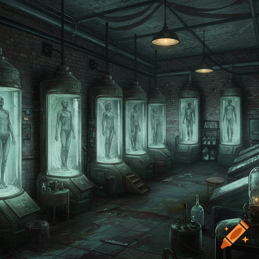 A dimly lit cryogenic morgue with several bodies suspended in liquid within glass tanks.