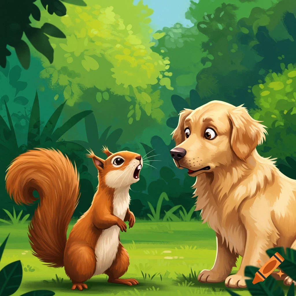 An illustration of a squirrel barking at a Golden Retriever dog in a forest.