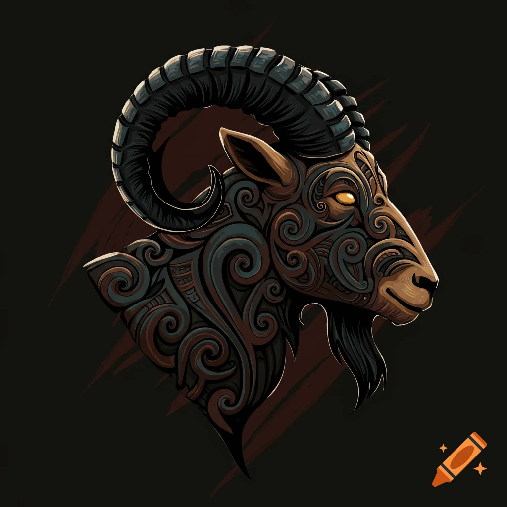 Stylized profile of a goat head with tribal patterns