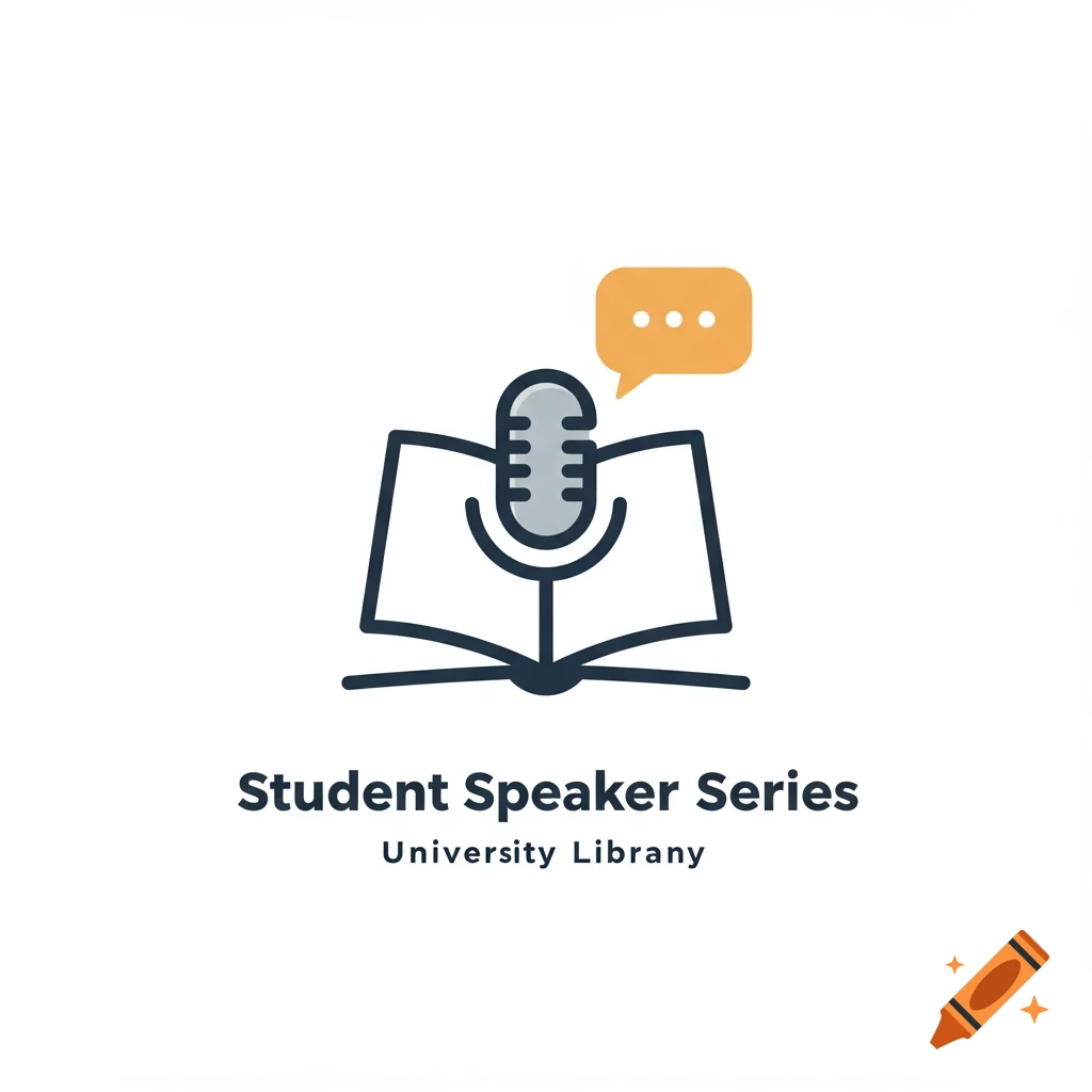Logo of a microphone on an open book with a speech bubble, with text 'Student Speaker Series University Library'