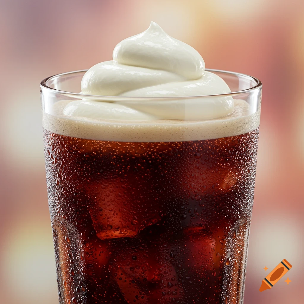 Close-up of a glass of soda with ice and condensation, topped with foam and whipped cream.