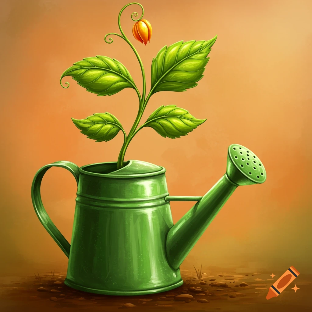 A plant growing out of a green watering can.