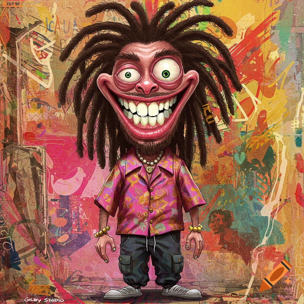 Caricature of a man with dreadlocks and a huge smile wearing a pink patterned shirt and cargo pants against a colorful abstract background.