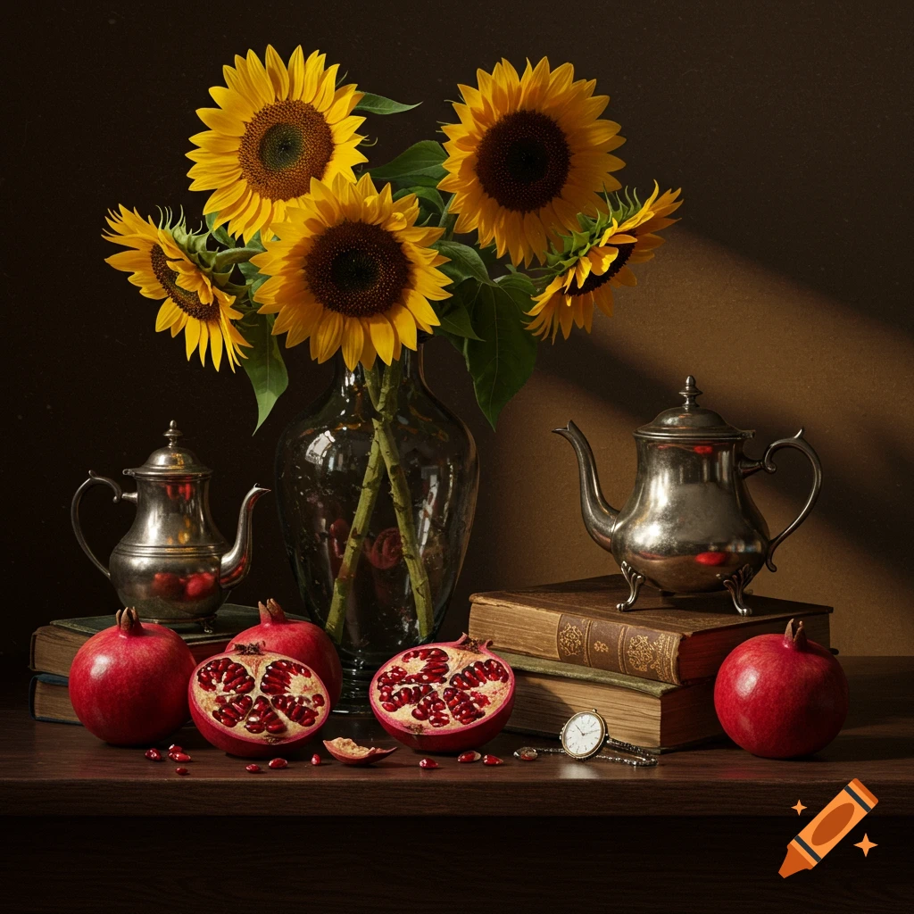 A still life painting featuring sunflowers in a vase, pomegranates, silver teapots, old books, and a pocket watch on a wooden table.