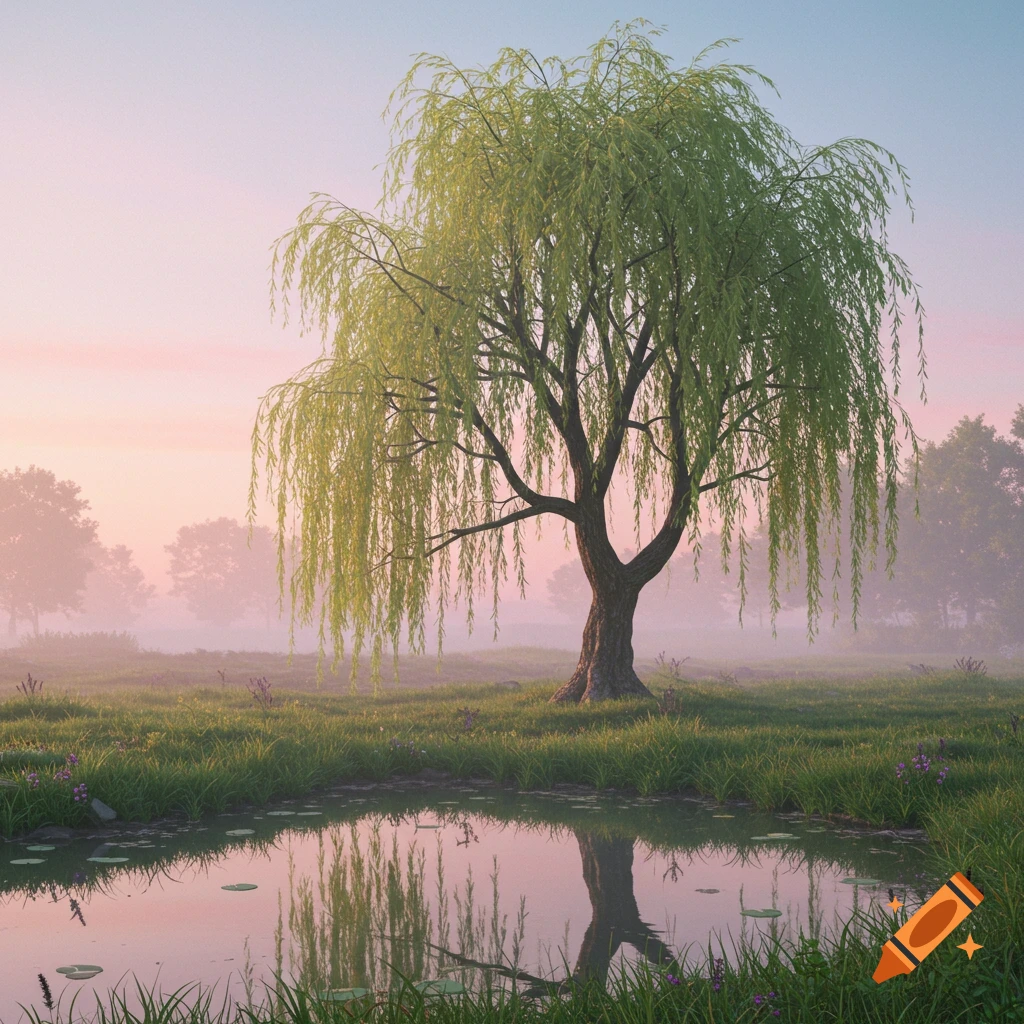 A weeping willow tree next to a pond in a misty field at sunset.