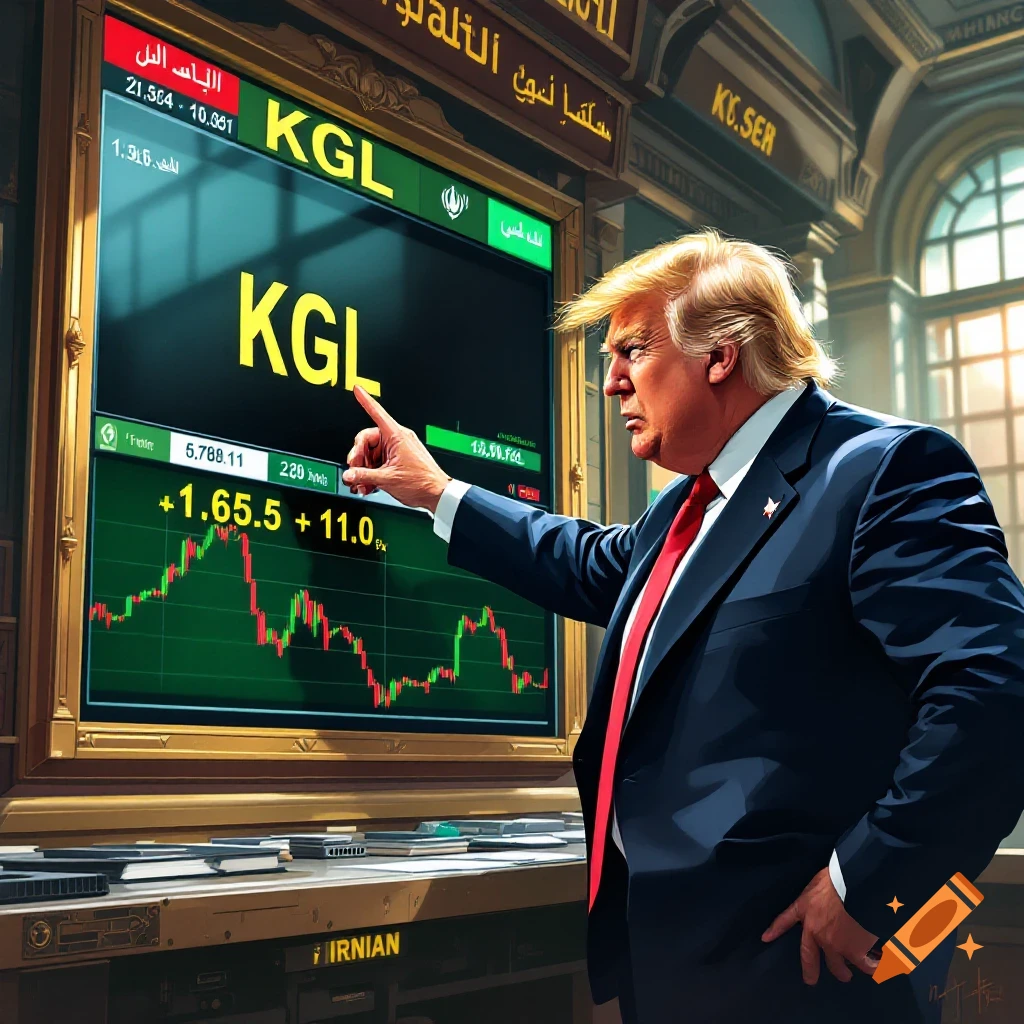 Donald Trump points at a stock market display showing the ticker symbol KGL.