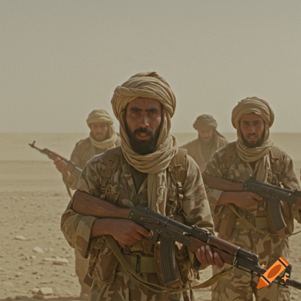 Group of men in desert clothing and turbans holding rifles, looking like retro video footage.