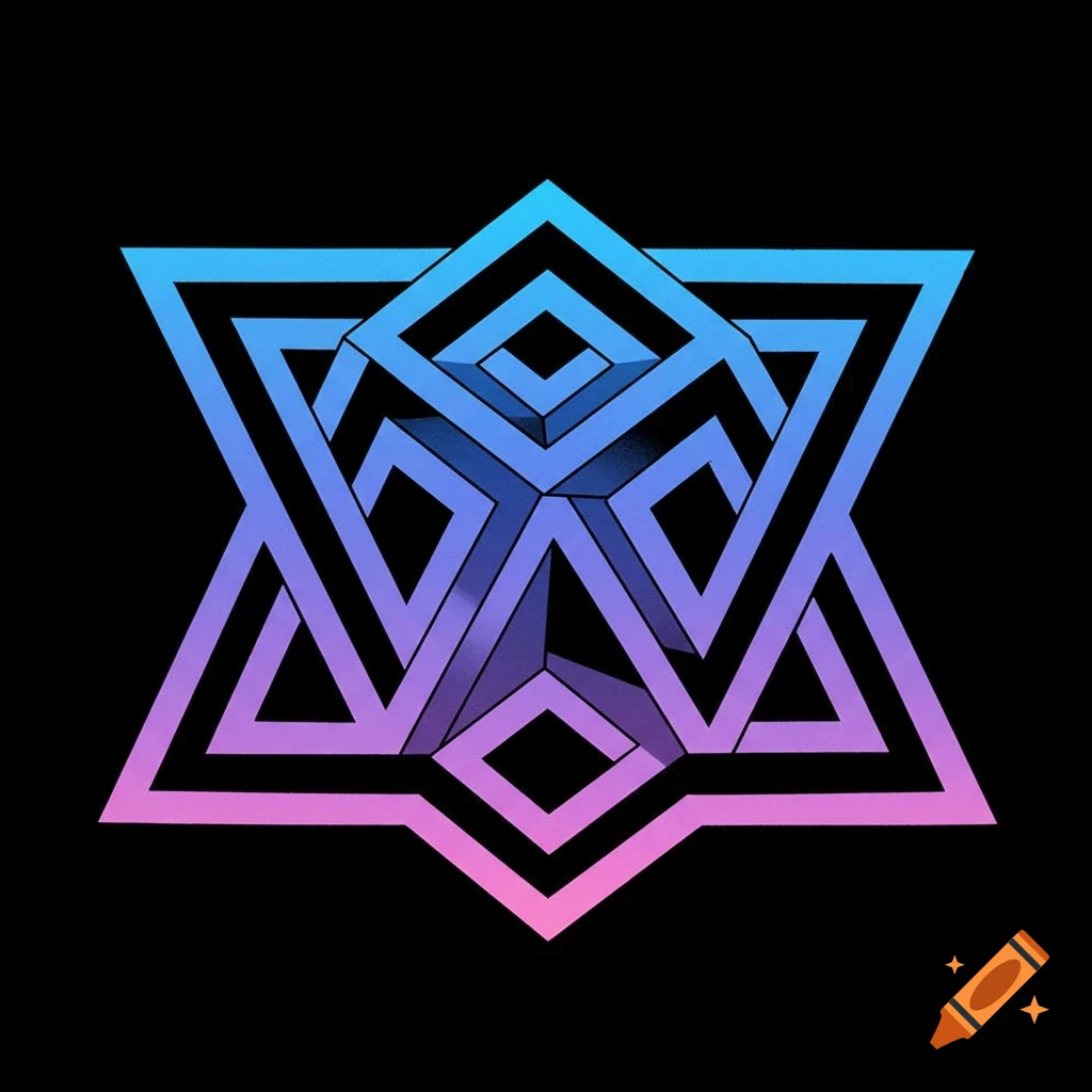 Abstract geometric artwork with a blue and pink gradient impossible structure on a black background.