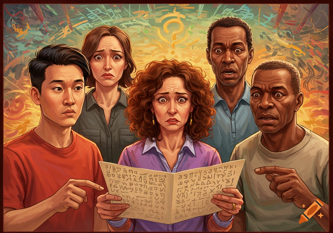 Five people look confused while reading a document with symbols.