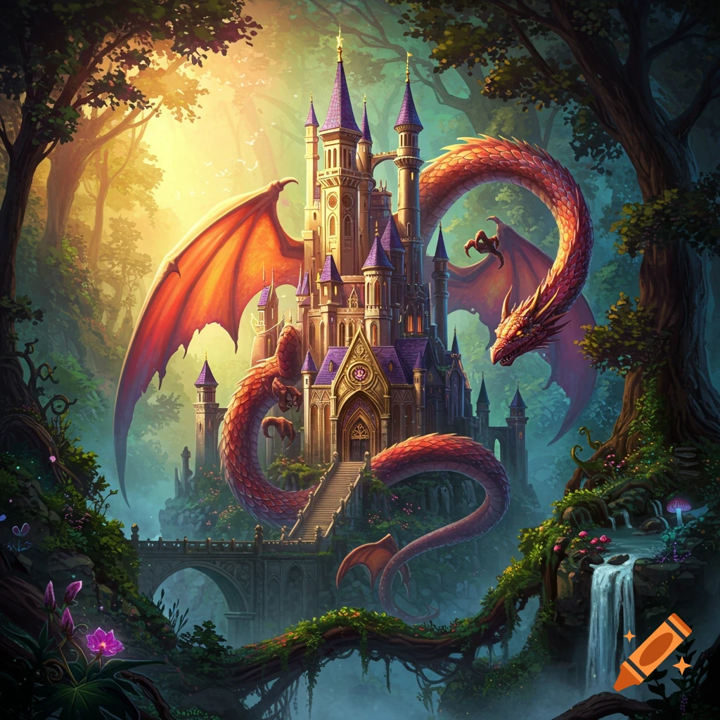 A fantasy castle with a large dragon wrapped around it, set in a sunlit forest with a waterfall.